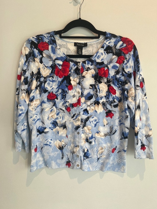 White House Black Market Sweaters - White House Black Market Floral Cardigan Sweater Light Blue Red XL